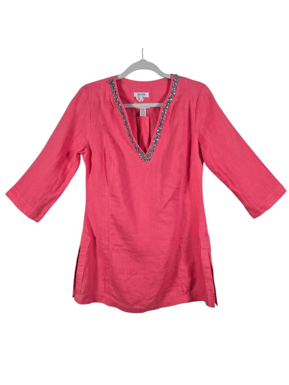 Malvin I Love Linen Womens Pink Linen Rhinestone Embellished V-Neck Tunic Top S